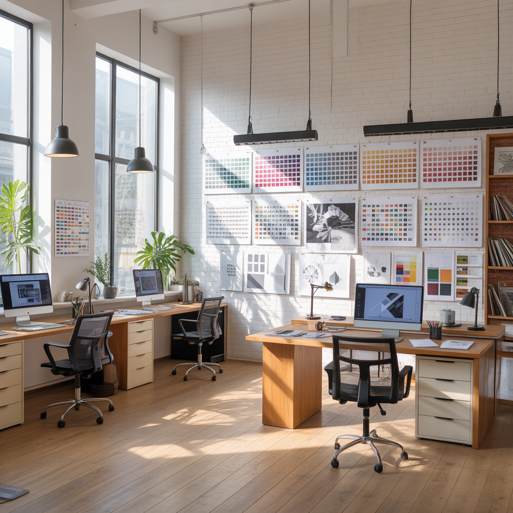 Modern design studio interior with color swatches, typography boards, and sleek workstations lit by natural light